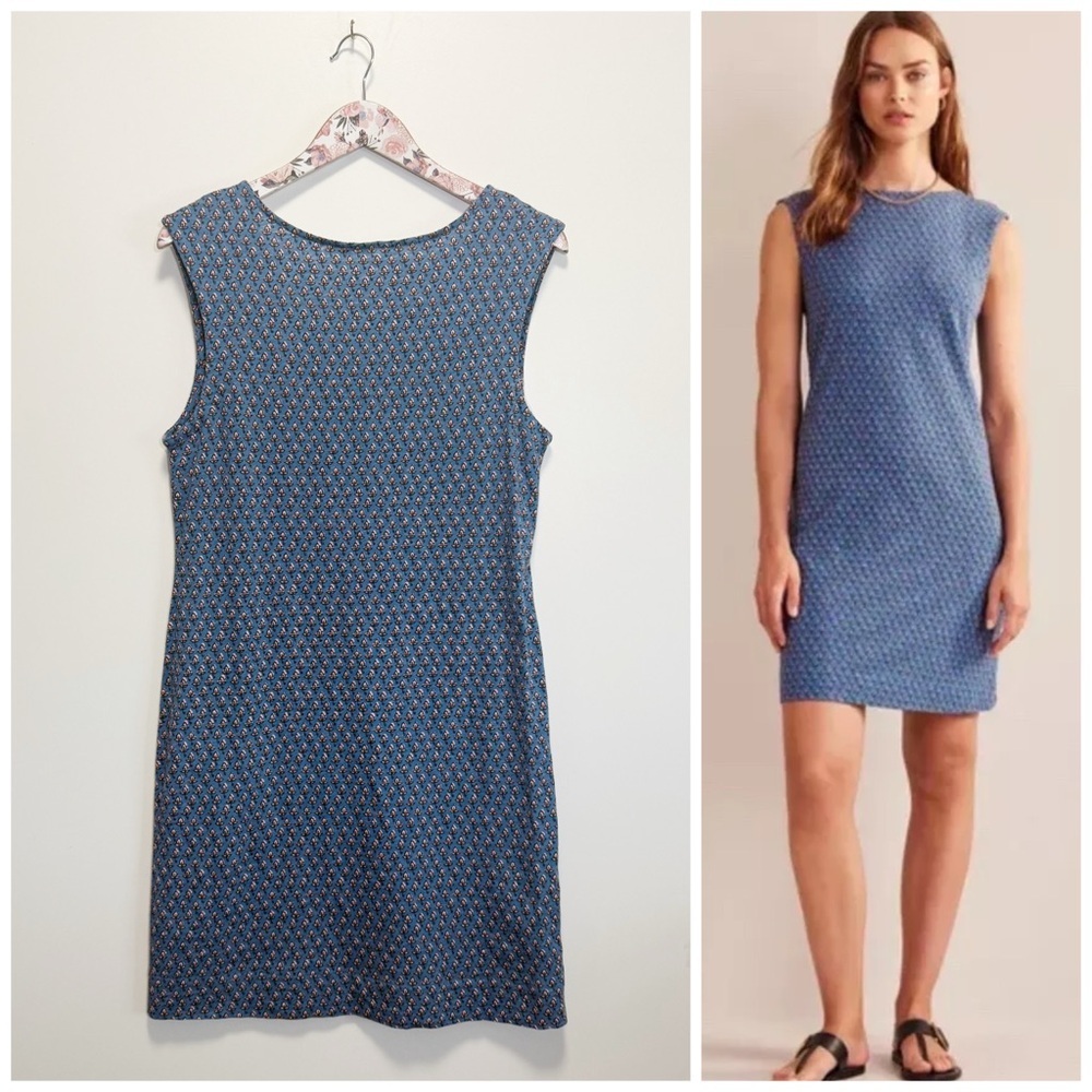 BODEN 6 Blue Floral Sleeveless Jersey Shift Dress Mini Sheath V-Back Women’s 6